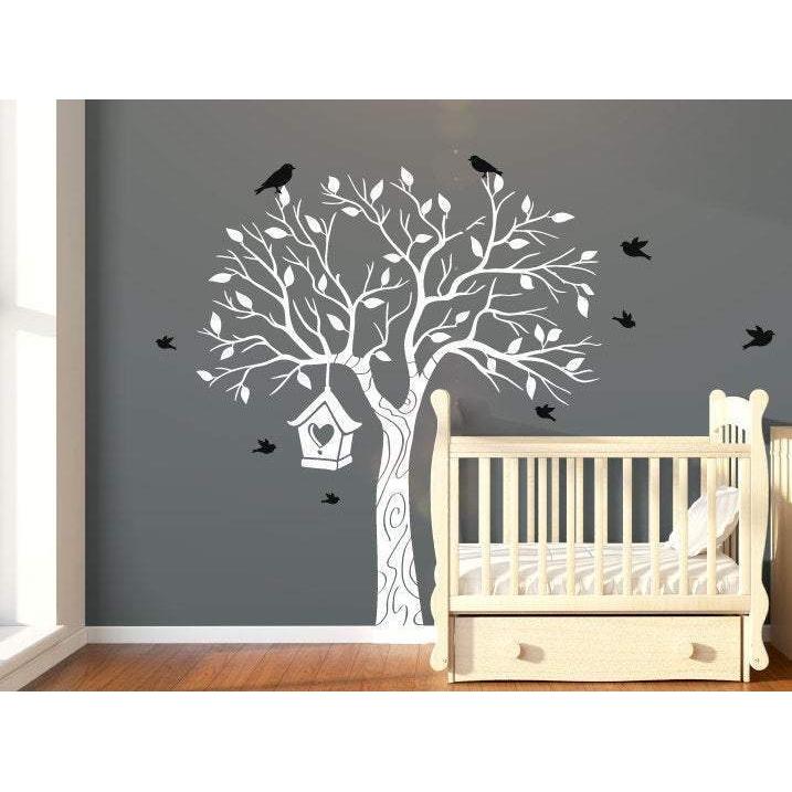 Large Nursery Tree Wall Decal With Flying Birds & Bird House - Tree Wall Art Decal/Stickers For Children, Unisex - Removeable Vinyl