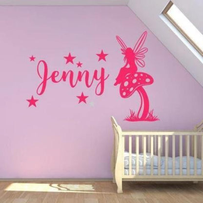 Customised Nursery Wall Sticker/Wall Decal - Girls Name, Fairy Sitting On Mushroom With Stars - Personalised Wall Decal, Mural, Art