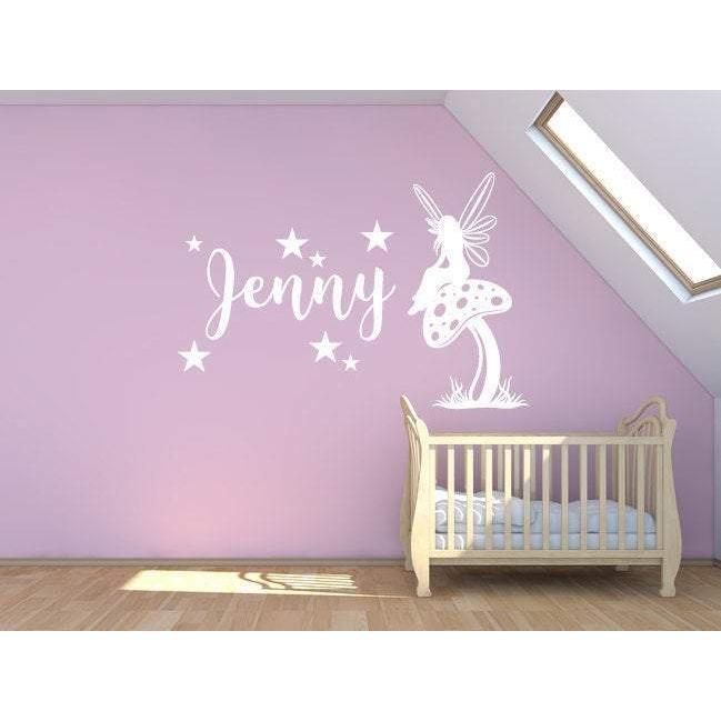 Customised Nursery Wall Sticker/Wall Decal - Girls Name, Fairy Sitting On Mushroom With Stars - Personalised Wall Decal, Mural, Art