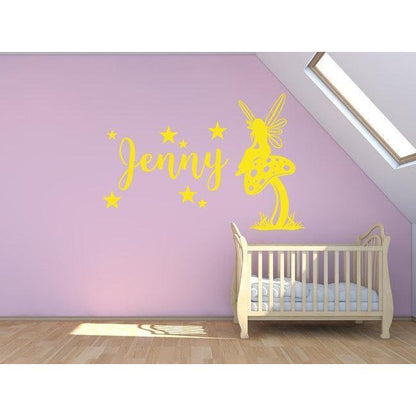 Customised Nursery Wall Sticker/Wall Decal - Girls Name, Fairy Sitting On Mushroom With Stars - Personalised Wall Decal, Mural, Art