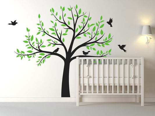 Large Nursery Tree Wall Decal With Flying Birds/Tree Wall Art Decal/Stickers For Children - Home Decor - Includes Over 100 Leaves