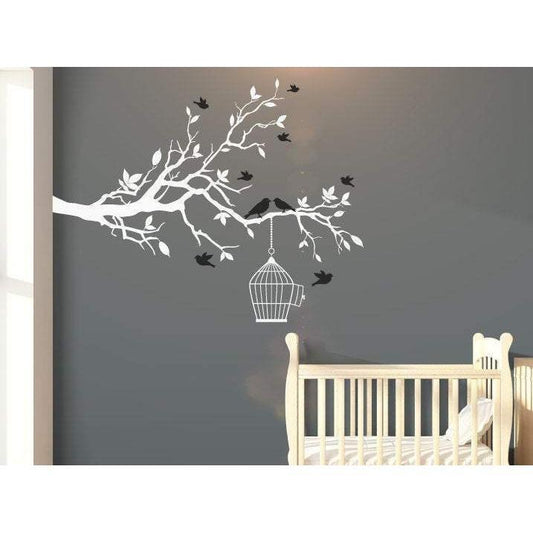 Large Nursery Tree Wall Decal With Flying Birds & Bird Cage - Tree Wall Art Decal/Stickers For Children Christmas Gift