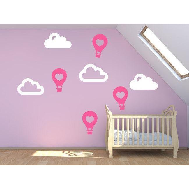 Nursery Wall Stickers - Heart Hot Air Balloons & Clouds Wall Decals For Children - Home Decor, Wallpaper, Vinyl Mural Christmas Gift