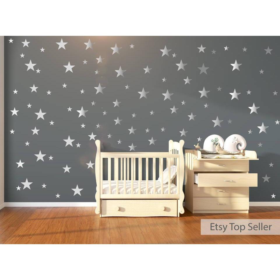 Nursery Wall Decals, Wall Stickers, 120 Silver Metallic Stars, Nursery Wall Stickers, Wall Decals, Wall Art , Vinyl, Wallpaper Home Decor