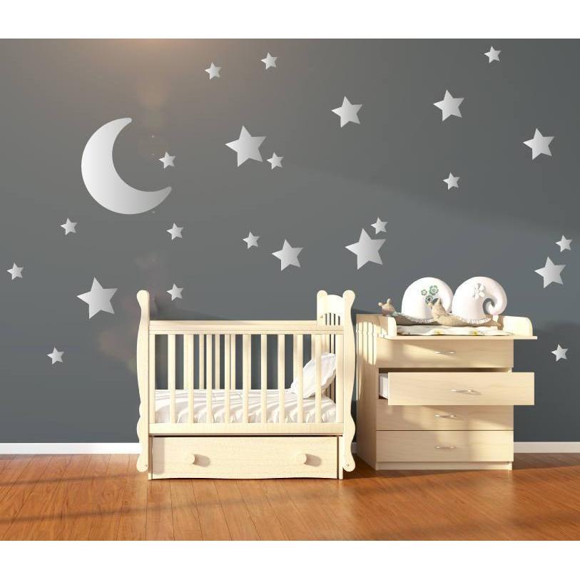 Large Moon & 21 Silver Stars Nursery Wall Decals, Nursery Wall Stickers, Baby Wall Art, Decals, Vinyl Wallpaper Art Decor, Confetti
