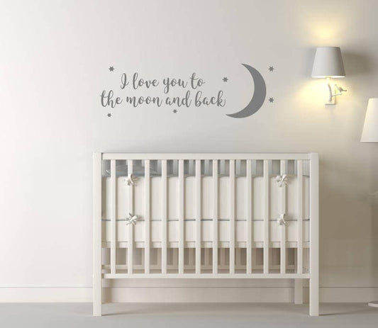 I Love You To The Moon And Back Wall Sticker Quote, Nursery Wall Quote, Wall Decal Quote, Moon Wall Decal, Decal Moon, Moon Sticker, Stars