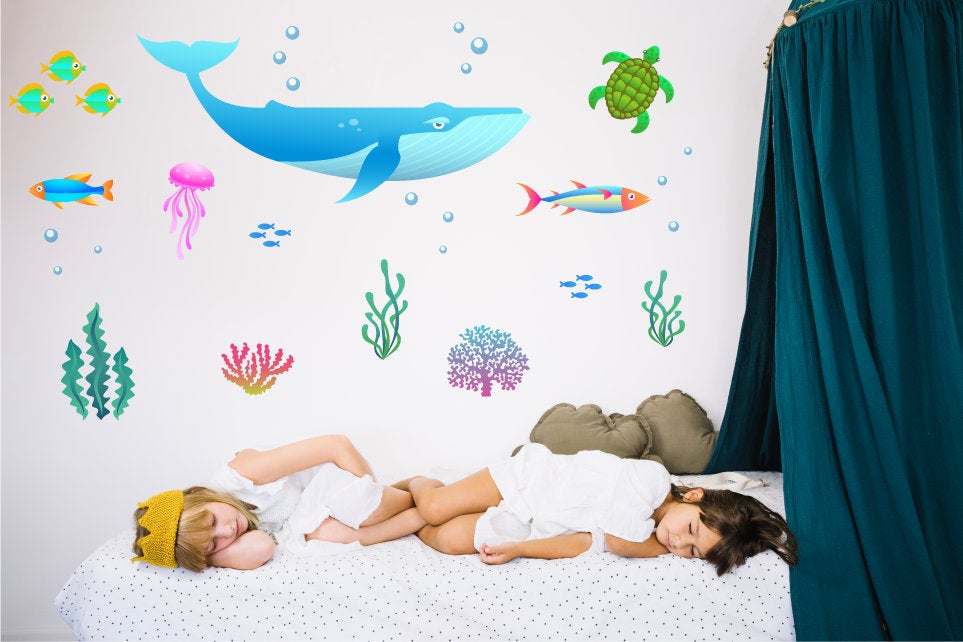 Sea World Wall Decals, Whale Wall Decal, Whale Wall Sticker, Coral Wall Stickers, Sea Wall Art, Animal Wall Stickers, Turtle Stickers, 057