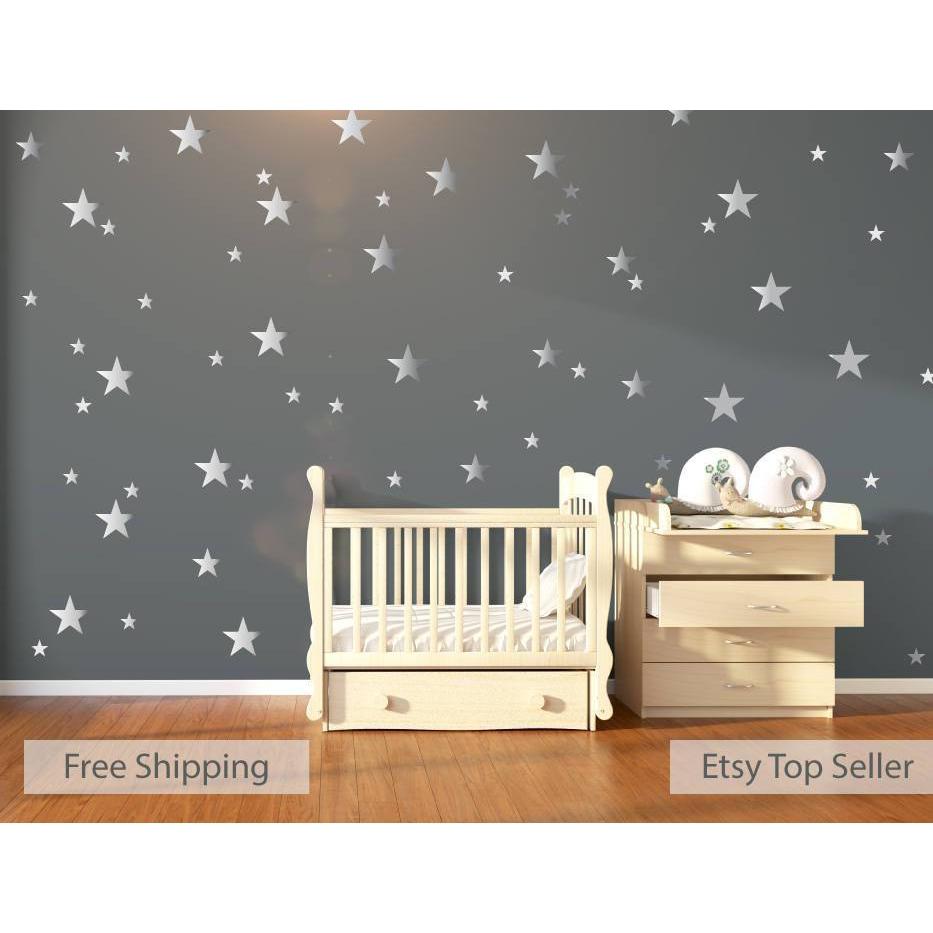 Nursery Wall Decals, Wall Stickers, 120 Silver Metallic Stars, Nursery Wall Stickers, Wall Decals, Wall Art , Vinyl, Wallpaper Home Decor