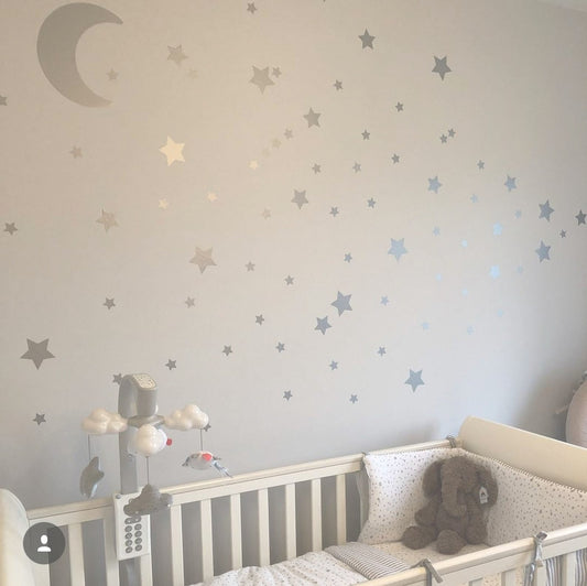 Large Moon & 21 Silver Stars Nursery Wall Decals, Nursery Wall Stickers, Baby Wall Art, Decals, Vinyl Wallpaper Art Decor, Confetti