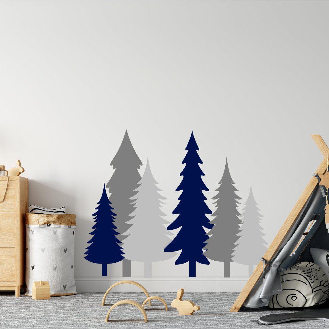 6 Pine Tree Wall Sticker Pack Grey & Dark Blue