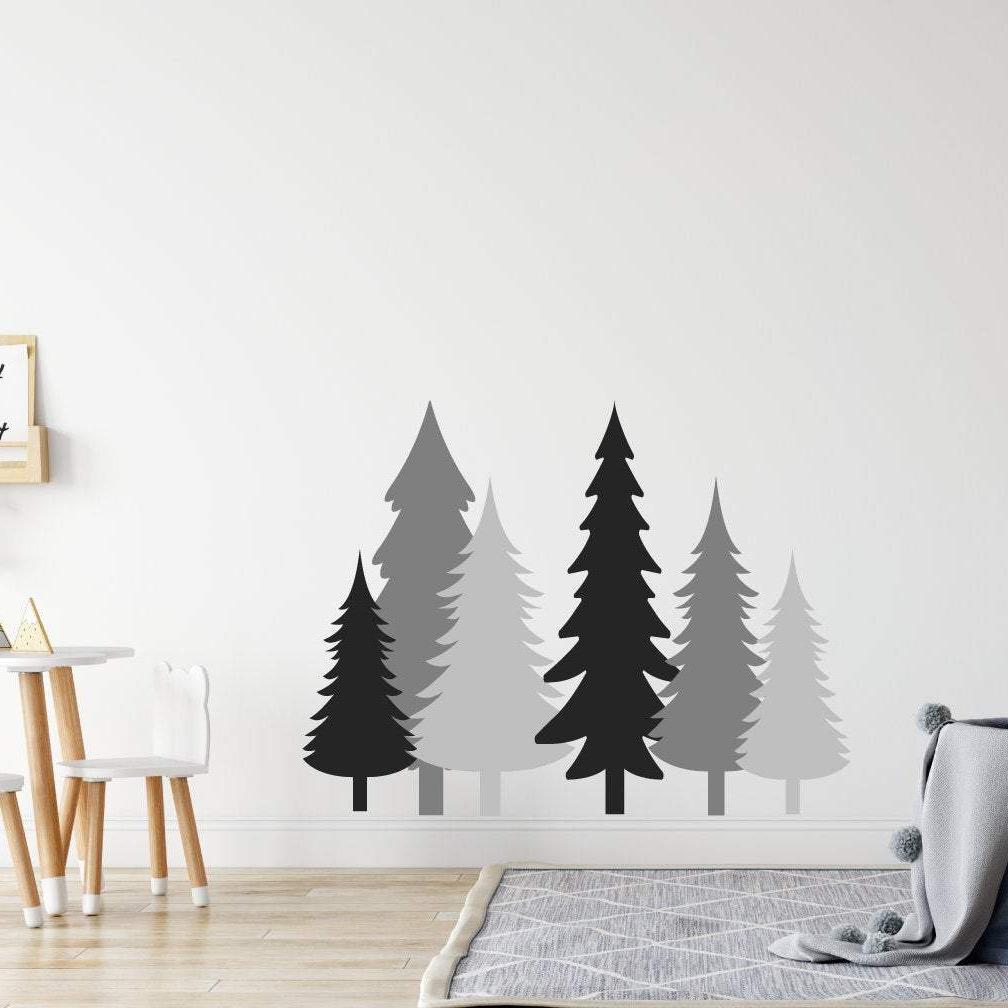 6 Pine Tree Wall Stickers Black, Grey & Dark Grey