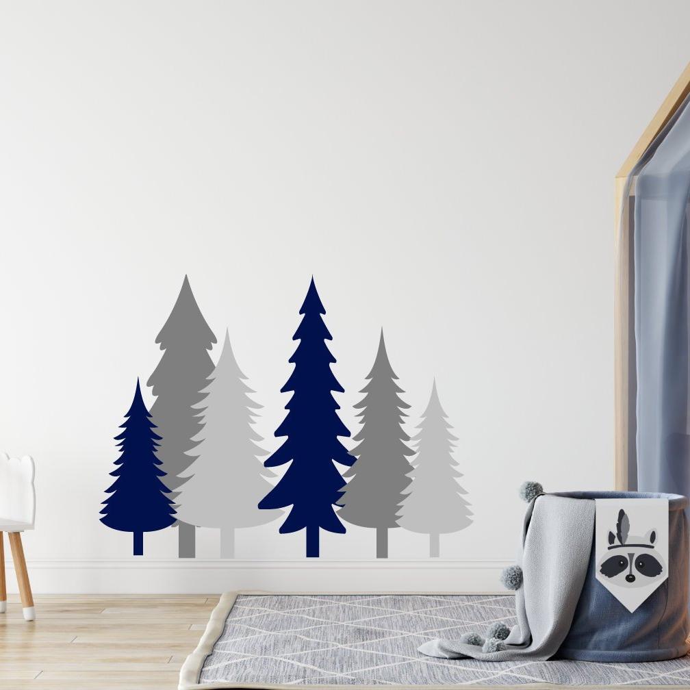 6 Pine Tree Wall Sticker Pack Grey & Dark Blue