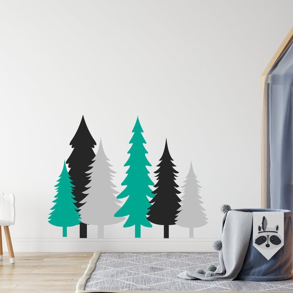 Pine Tree Wall Stickers Set Black, Grey & Aqua Green