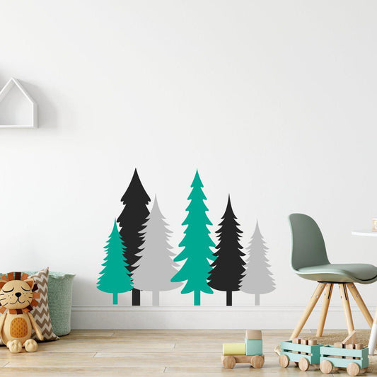 Pine Tree Wall Stickers Set Black, Grey & Aqua Green