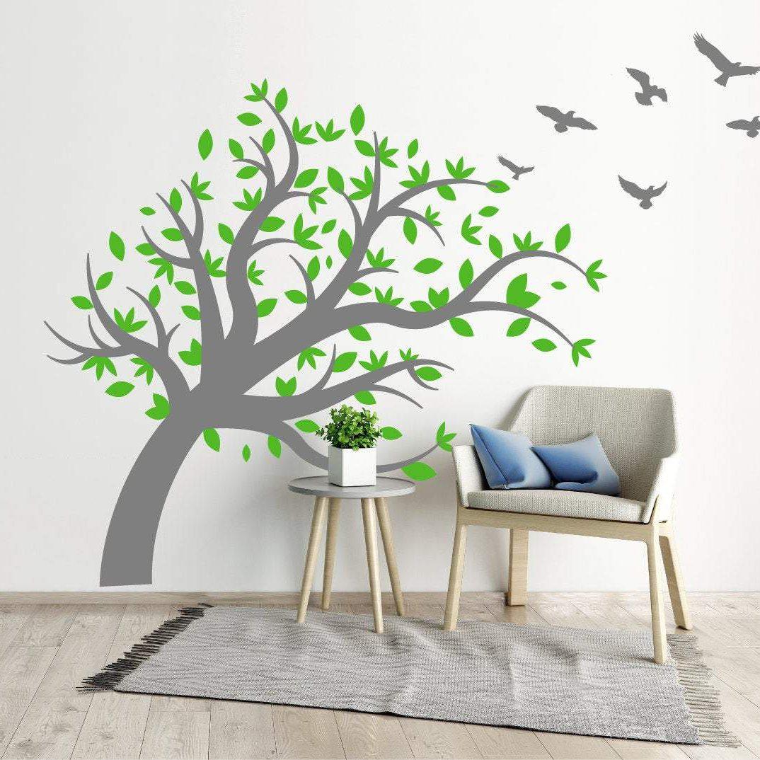 Large Over Hanging Tree With Flying Birds Wall Sticker