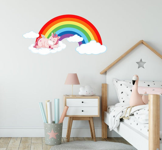 Rainbow Wall Sticker With Sleeping Unicorn & Clouds