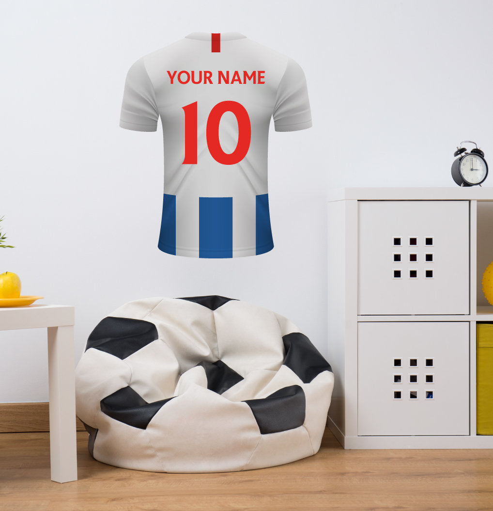 White With Blue Stripes Personalised Football Shirt Wall Sticker