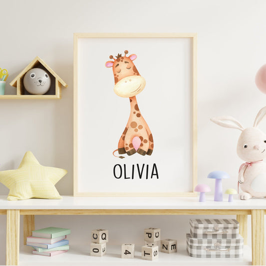 Cute Giraffe Personalised Name Nursery Print