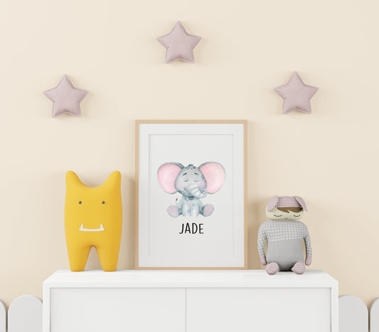 Cute Elephant Personalised Name Nursery Print