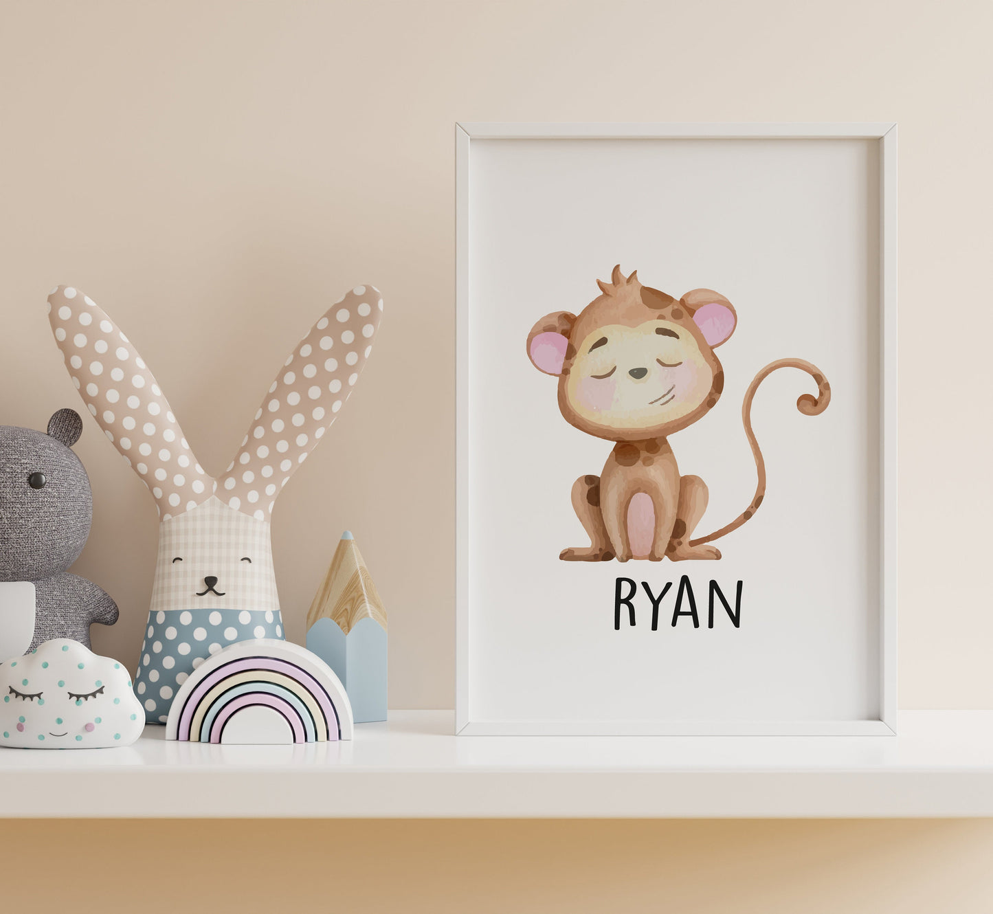 Cute Monkey Personalised Name Nursery Print