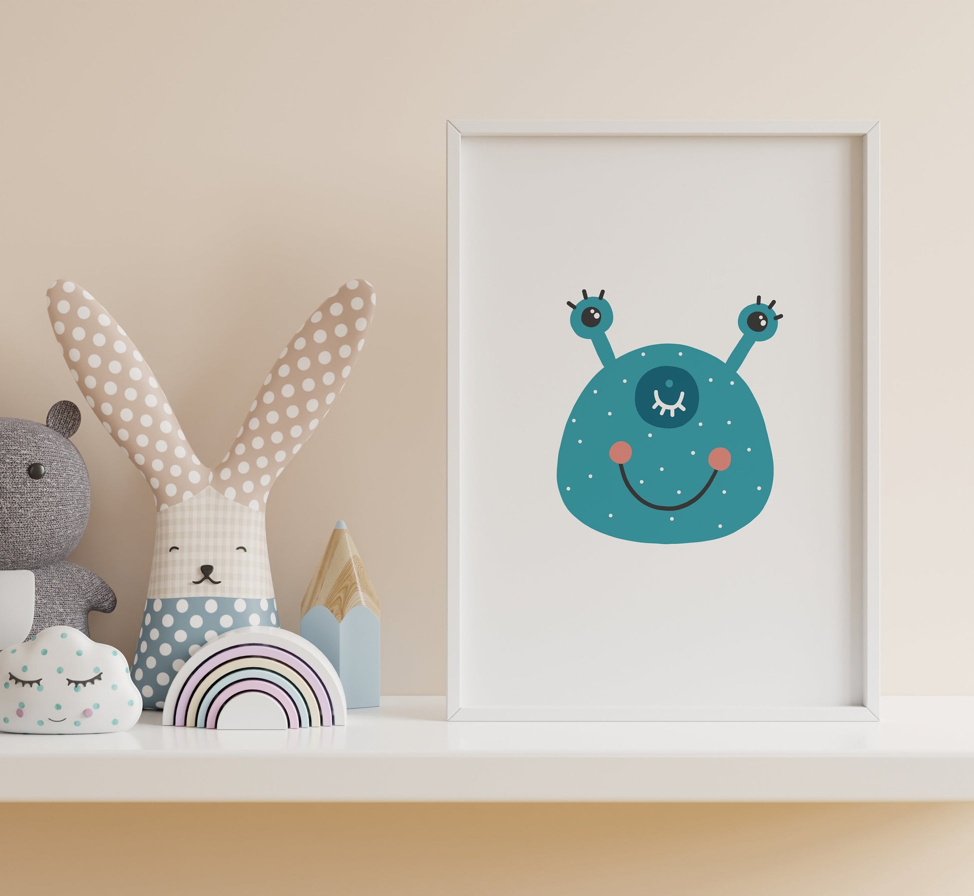 Blue Smiling Monster Nursery Print