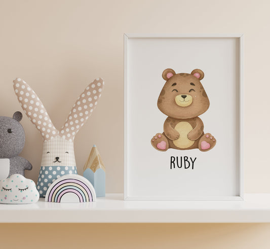 Cute Bear Personalised Name Nursery Print