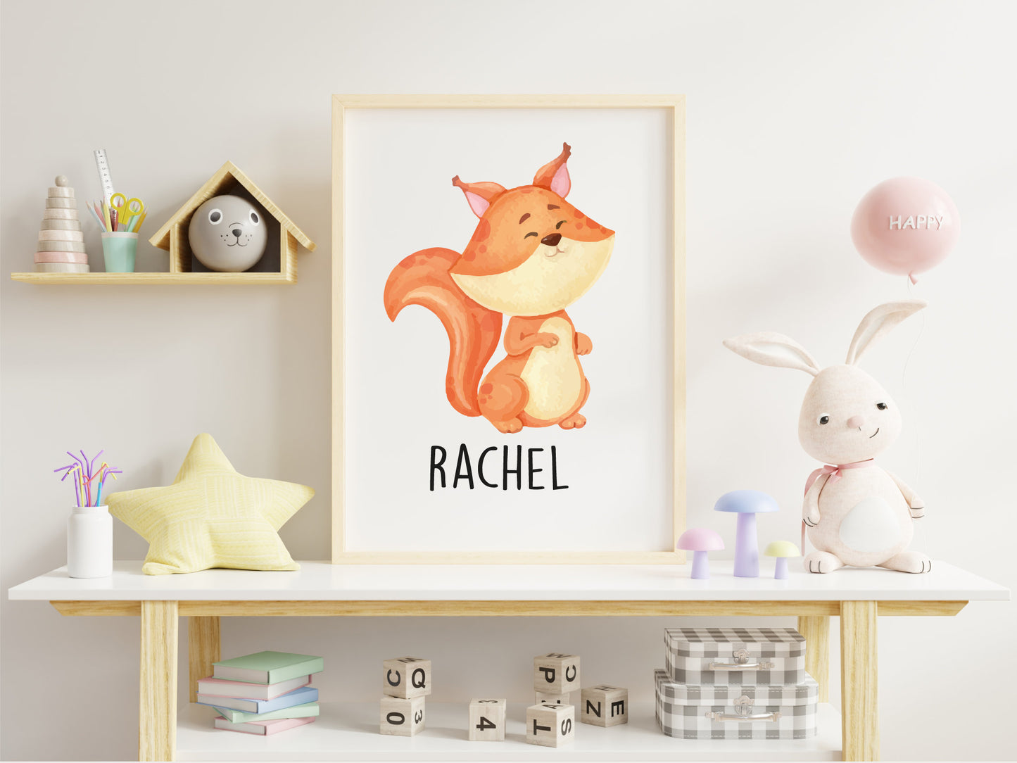 Cute Squirrel Personalised Name Nursery Print
