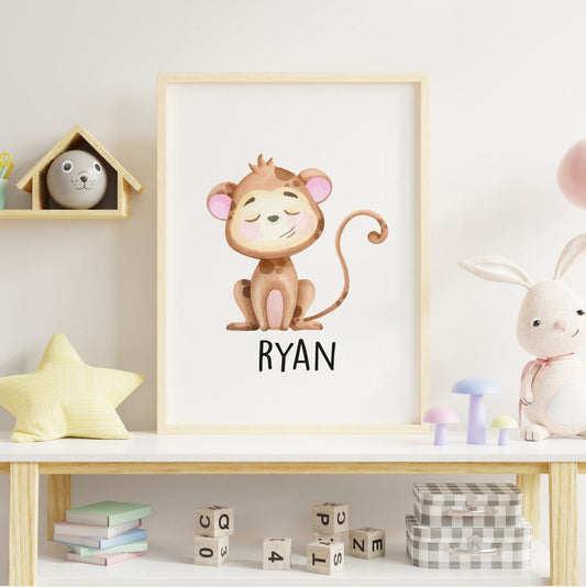 Cute Monkey Personalised Name Nursery Print