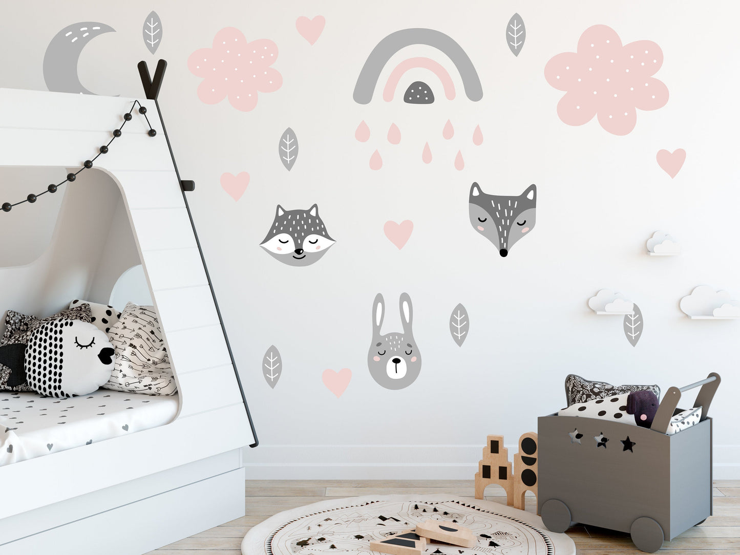 Scandi Boho Animals Rainbows Hearts & Clouds Nursery Wall Stickers