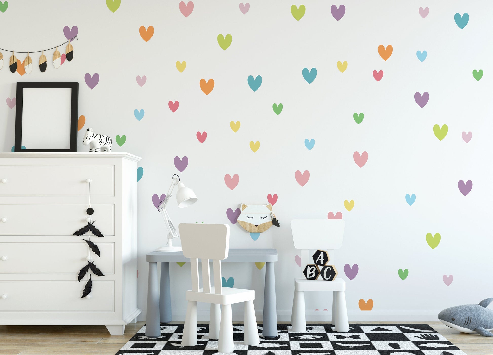 Colourful Hearts Nursery Wall Sticker Decals Peel & Stick Wall Art Pastel Hearts