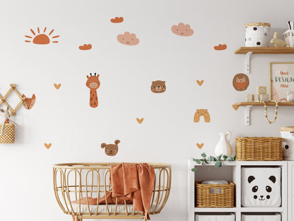 Boho Animal Wall Stickers With Sun, Clouds & Hearts