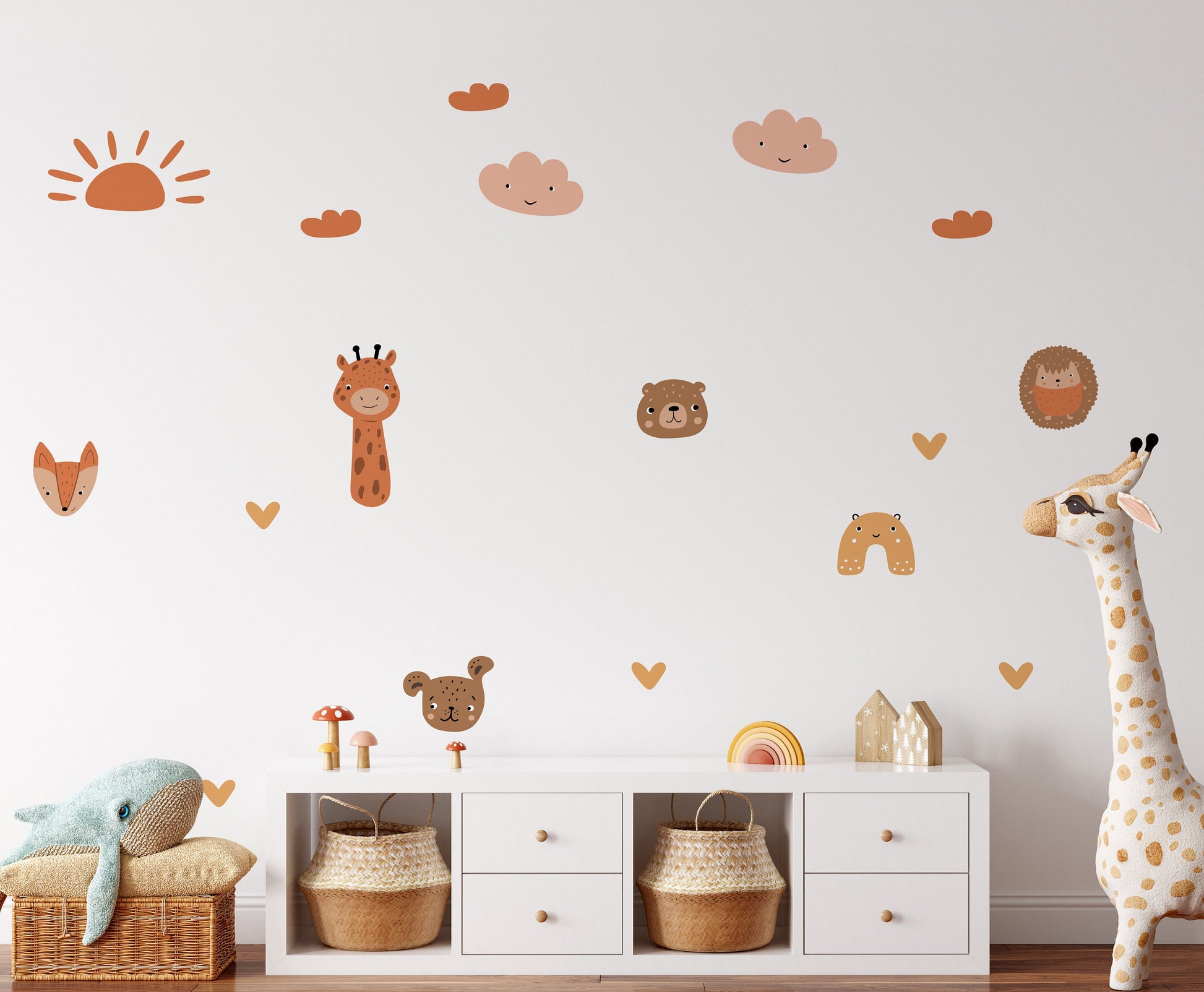 Boho Animal Wall Stickers With Sun, Clouds & Hearts