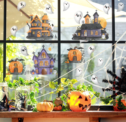 Haunted House Halloween Decorations Window Stickers Pumpkin Grave Scary Spooky Decals Removable