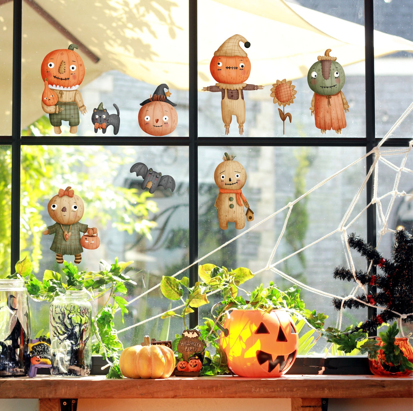 Cute Halloween Decorations Window Stickers Scarecrows Family Pumpkin Black Cat & Bat