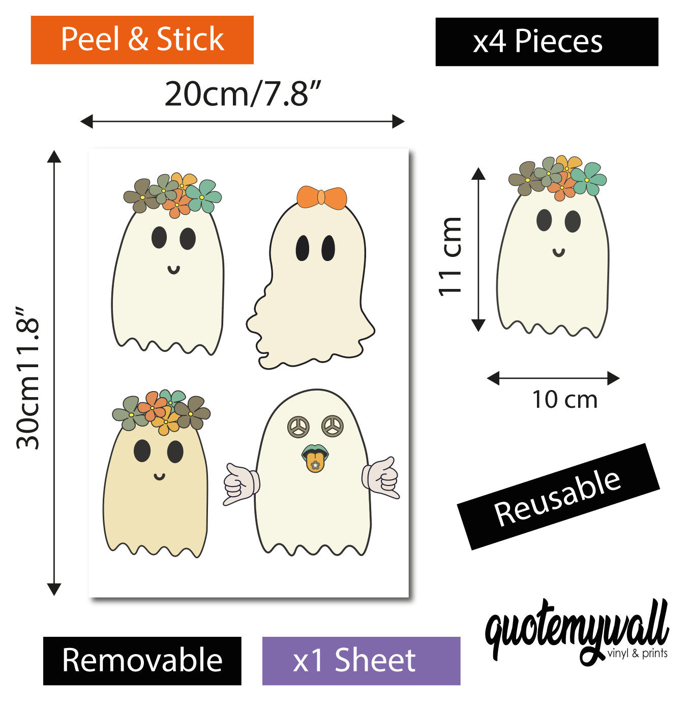 Retro Ghosts Halloween Window Stickers, Groovy Window Decals, Halloween Decor, Halloween Decorations, Funky Autumn