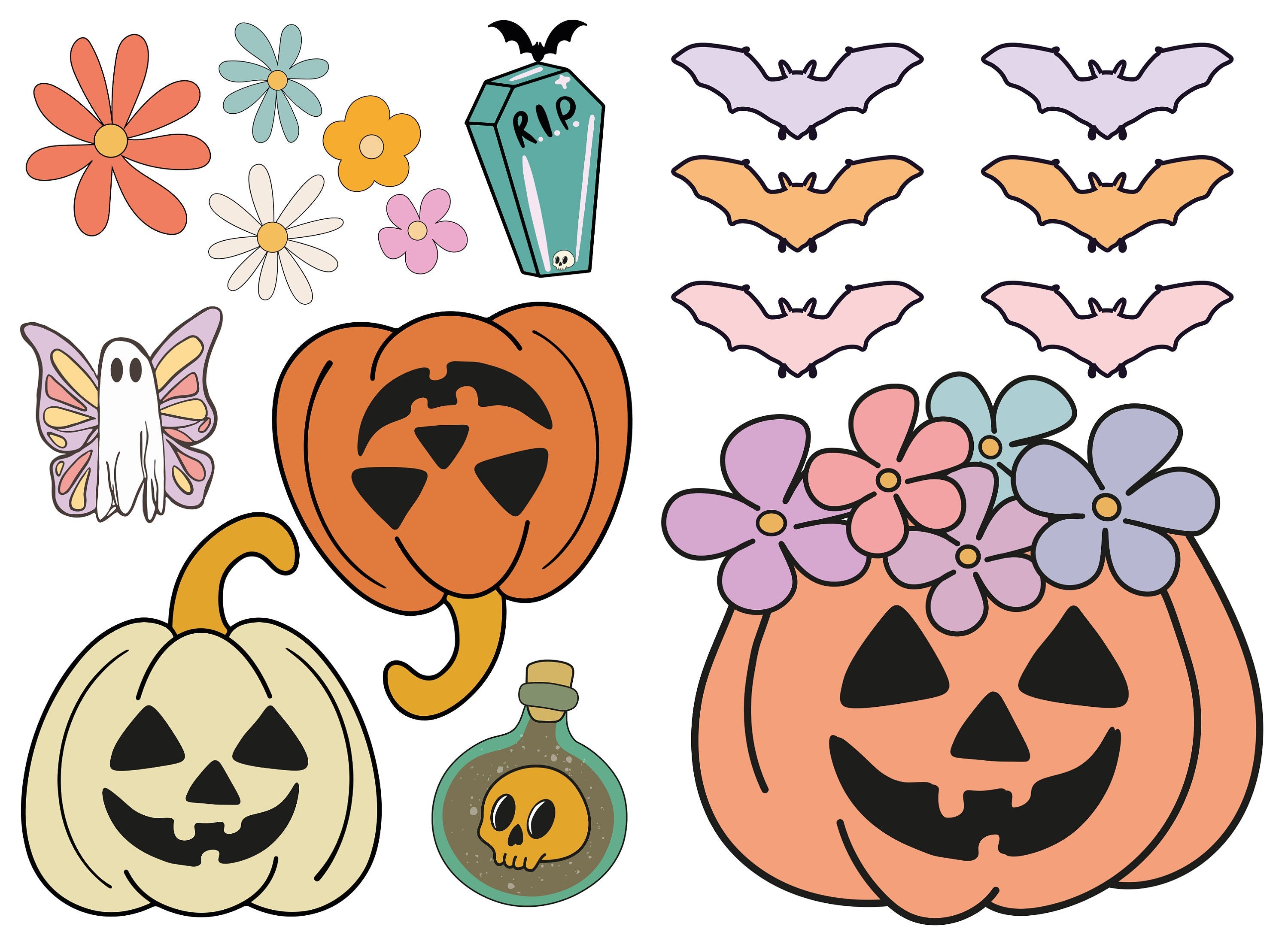 Retro Groovy Halloween Window Decorations Stickers, Pumpkin, Ghosts, Bats Mix Halloween Decor