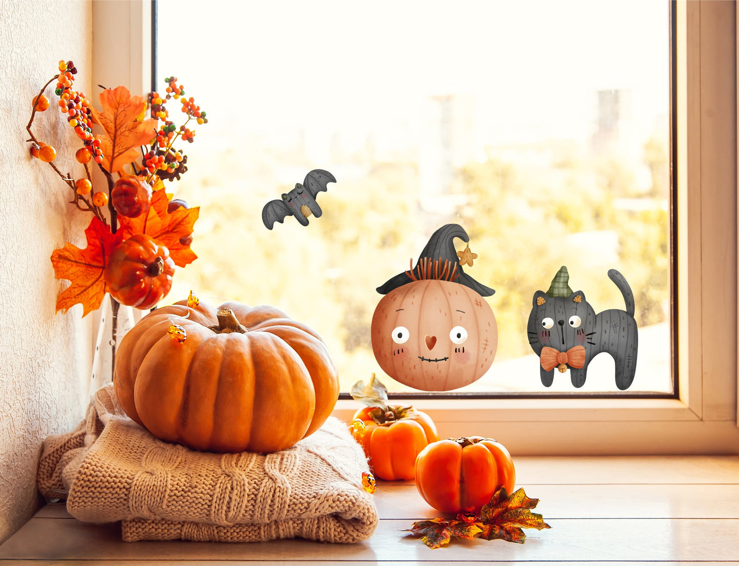 Halloween Window Stickers Cute Smilinmg Pumpkin, Black Cat & Flying Bat Halloween Decor Decorations