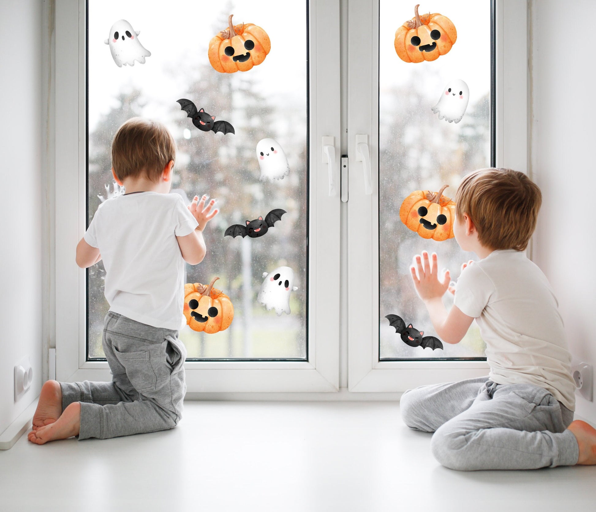 Kids Halloween Decorations, Halloween Window Stickers, Multi Pack Ghosts Pumpkins & Flying Bats Decals Removable