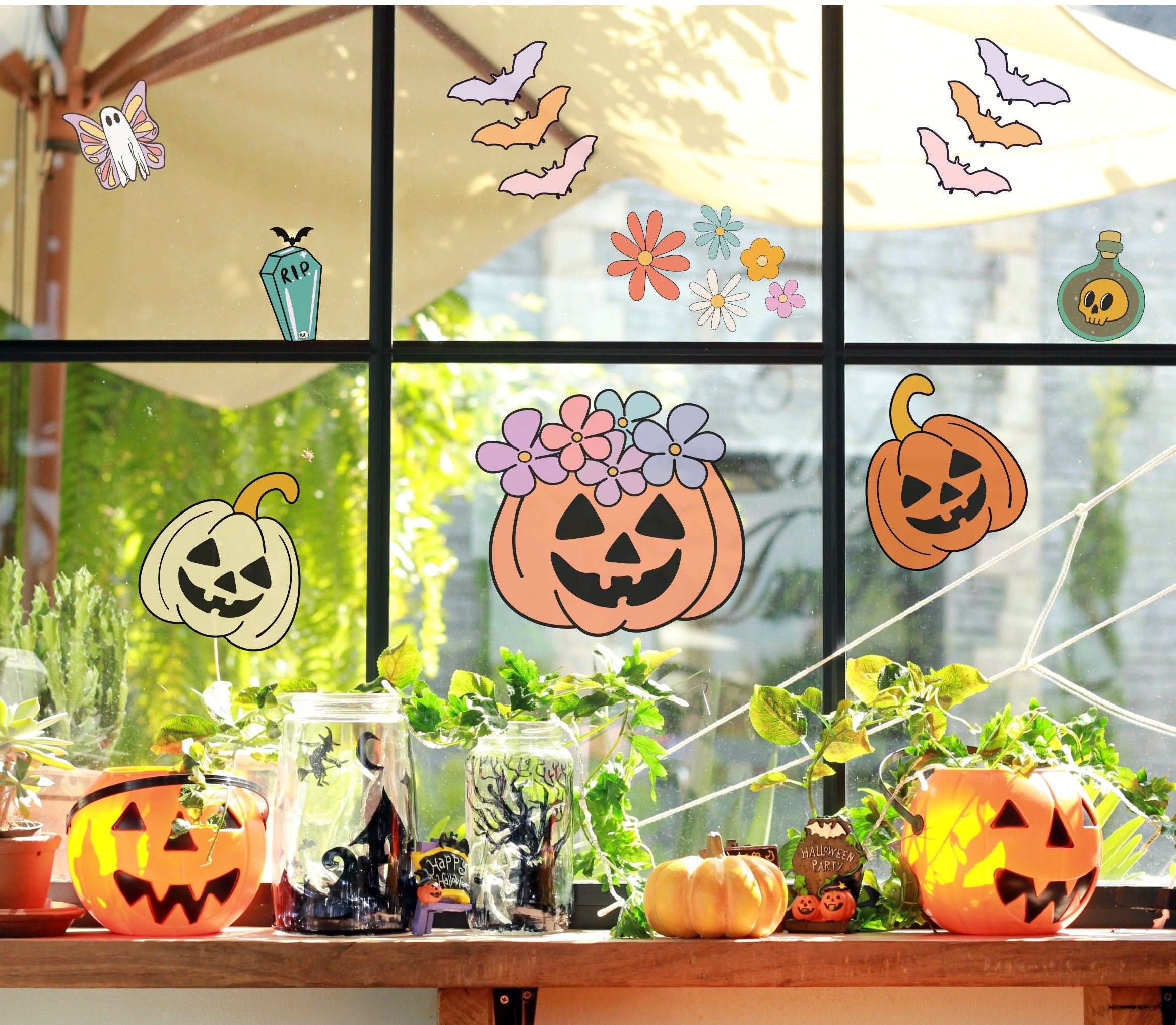 Retro Groovy Halloween Window Decorations Stickers, Pumpkin, Ghosts, Bats Mix Halloween Decor