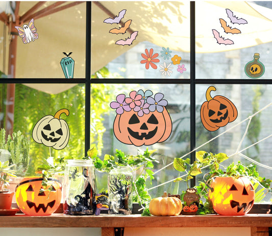 Retro Groovy Halloween Window Decorations Stickers, Pumpkin, Ghosts, Bats Mix Halloween Decor