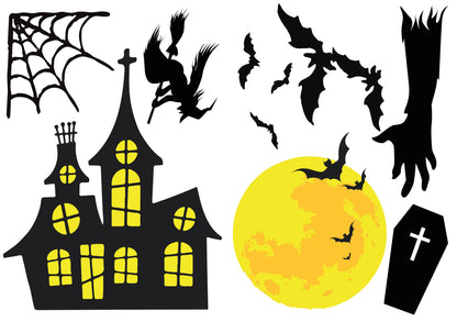 Halloween Window Decorations Stickers Halloween Scene, Haunted House, Witch, Coffin Decal, Moon & Spider Webb