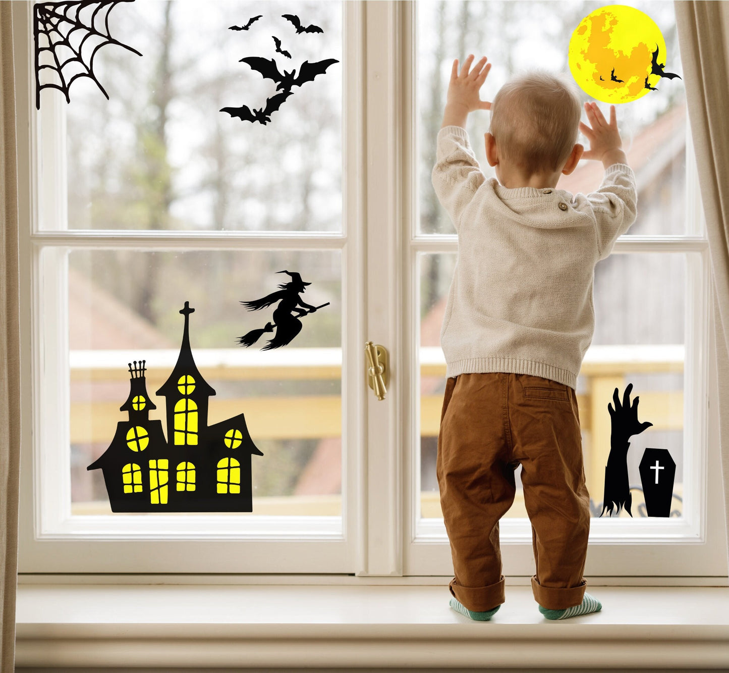Halloween Window Decorations Stickers Halloween Scene, Haunted House, Witch, Coffin Decal, Moon & Spider Webb