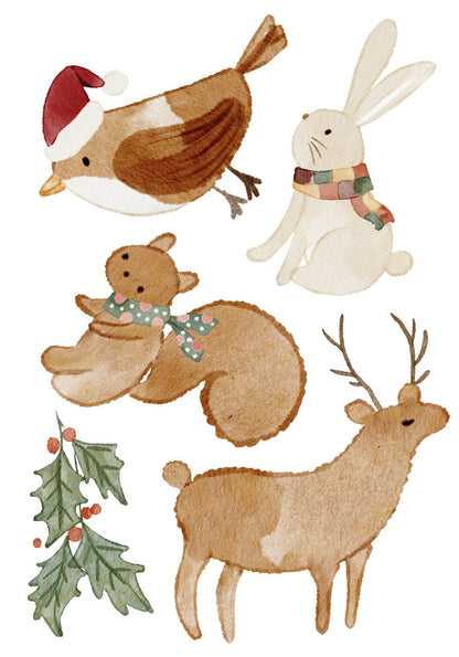 Cute Hand Drawn Animals Set Christmas Window Stickers Robin Reindeer Squirrel Rabbit Holly Xmas Decals