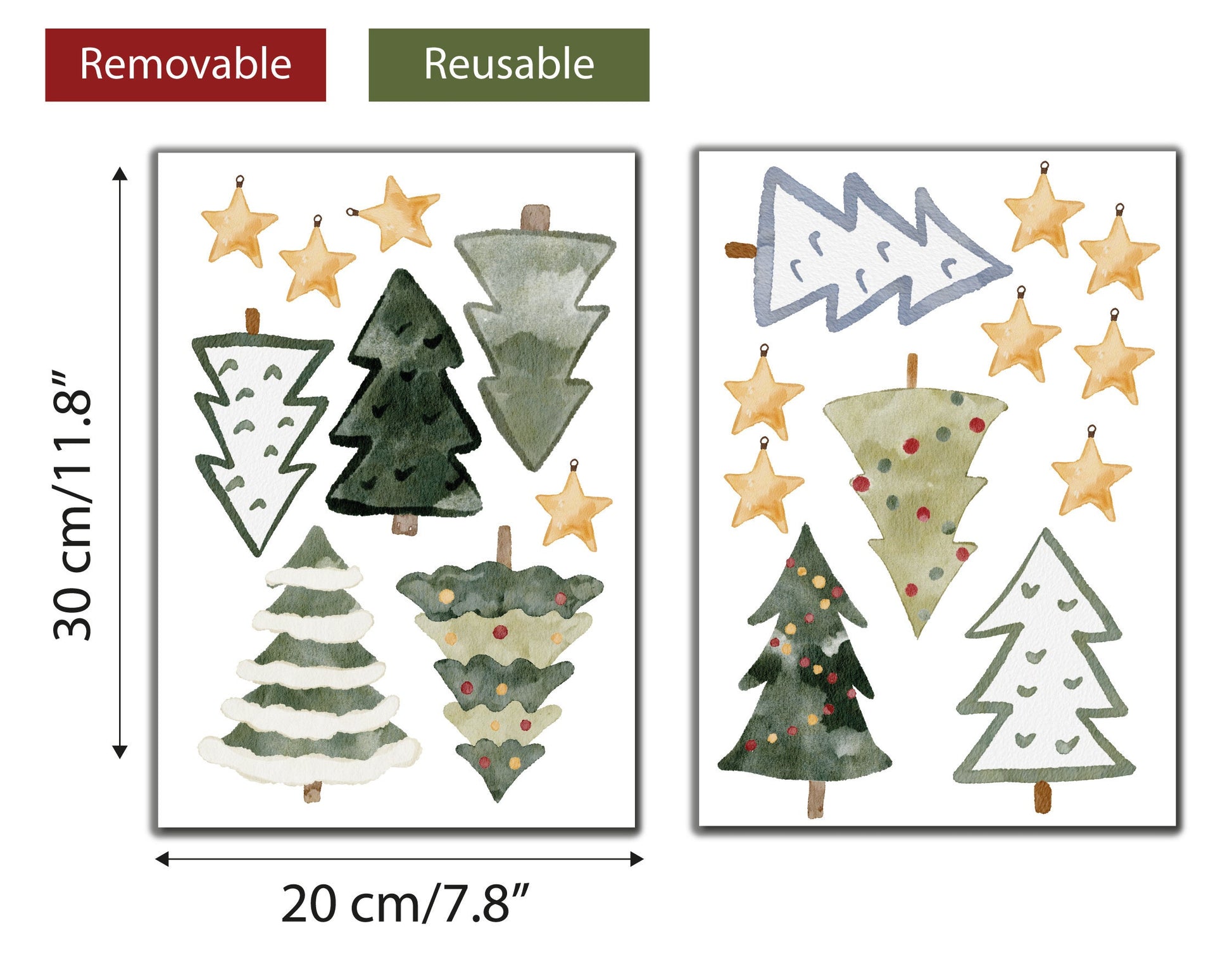 Christmas Trees & Hand Drawn Water Colour Stars Christmas Window Decal Stickers Decorations