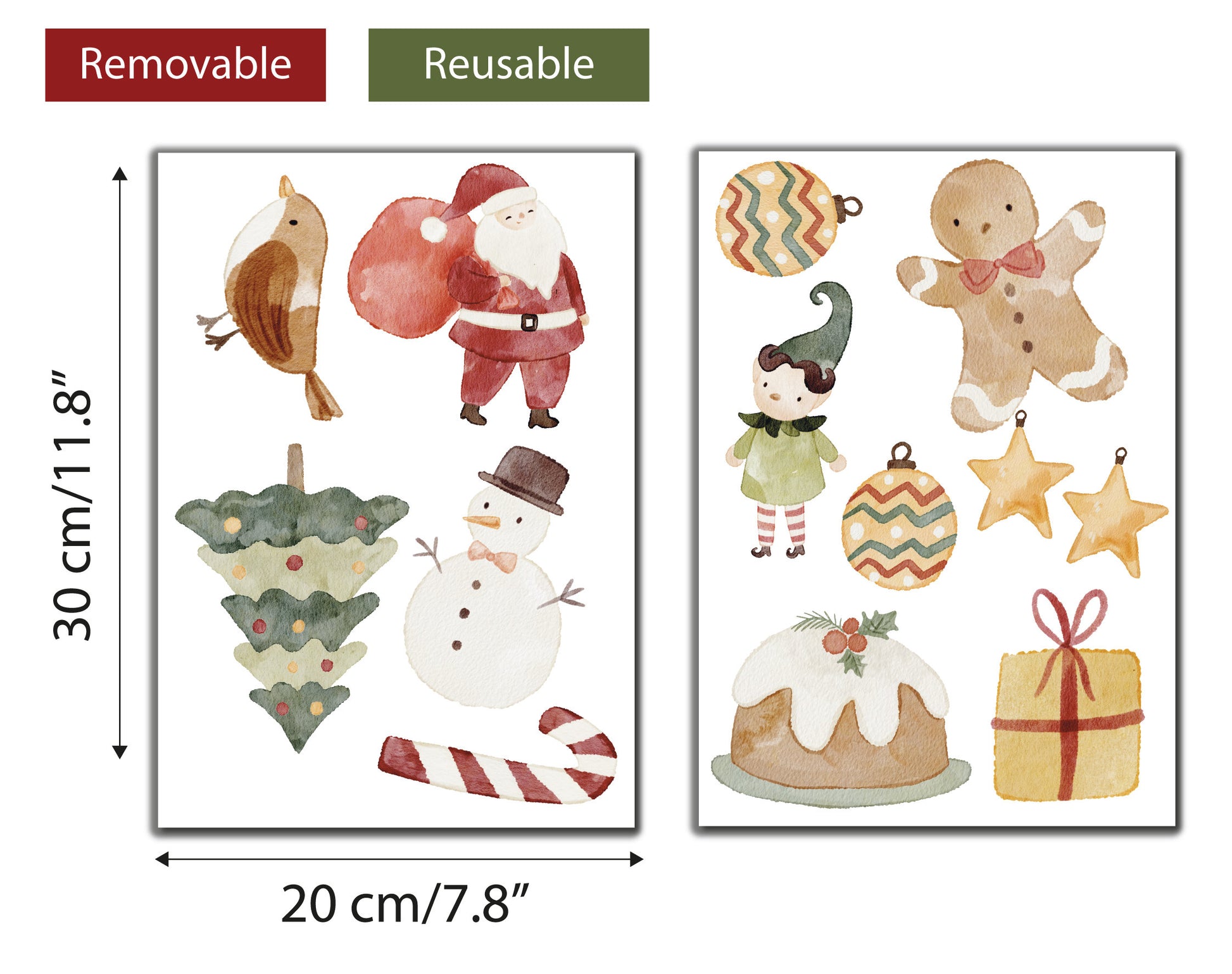 Cute Watercolour Christmas Set Window Stickers Santa Snowman Gingerbread Man