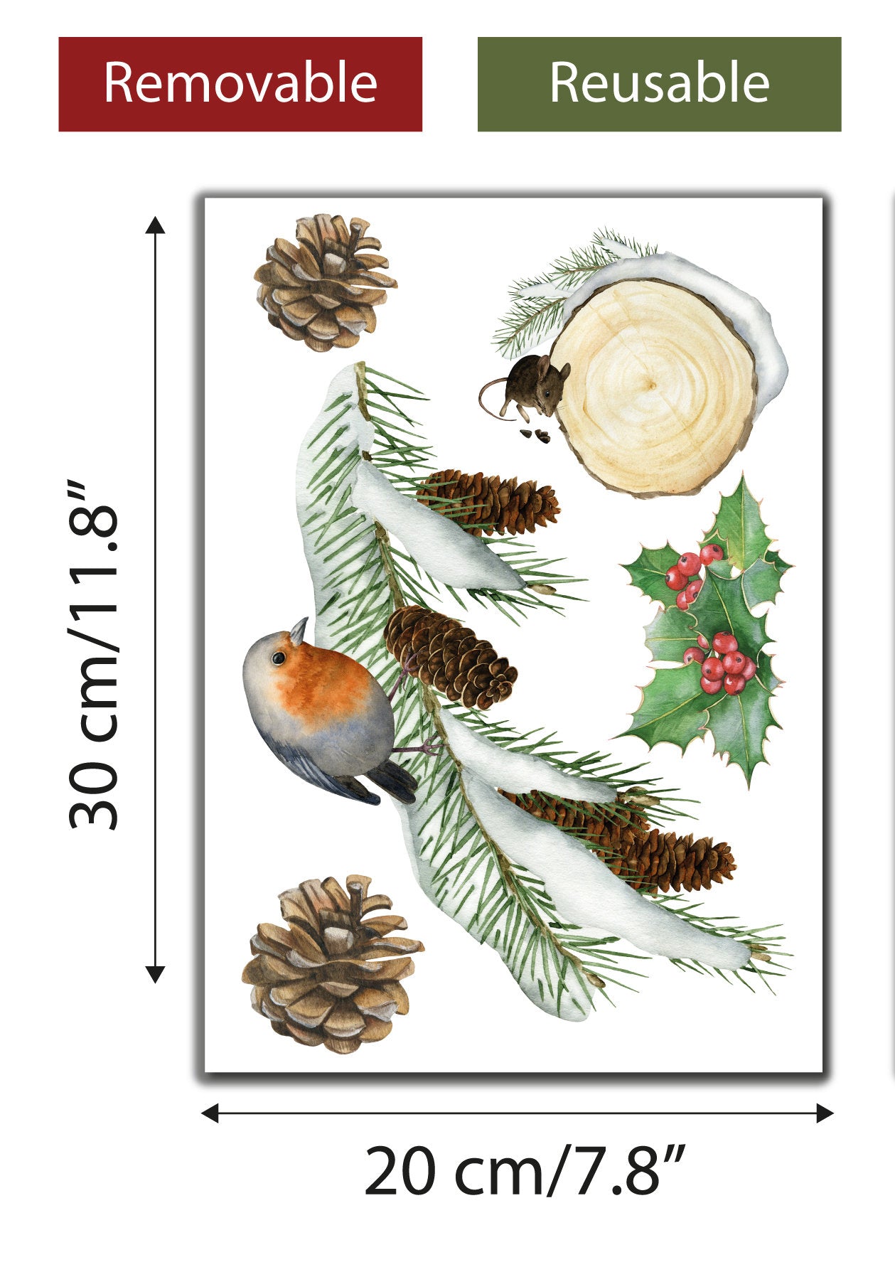Watercolour Robin Mouse Holly Pinecones Christmas Window Stickers Xmas Decorations Christmas Decor