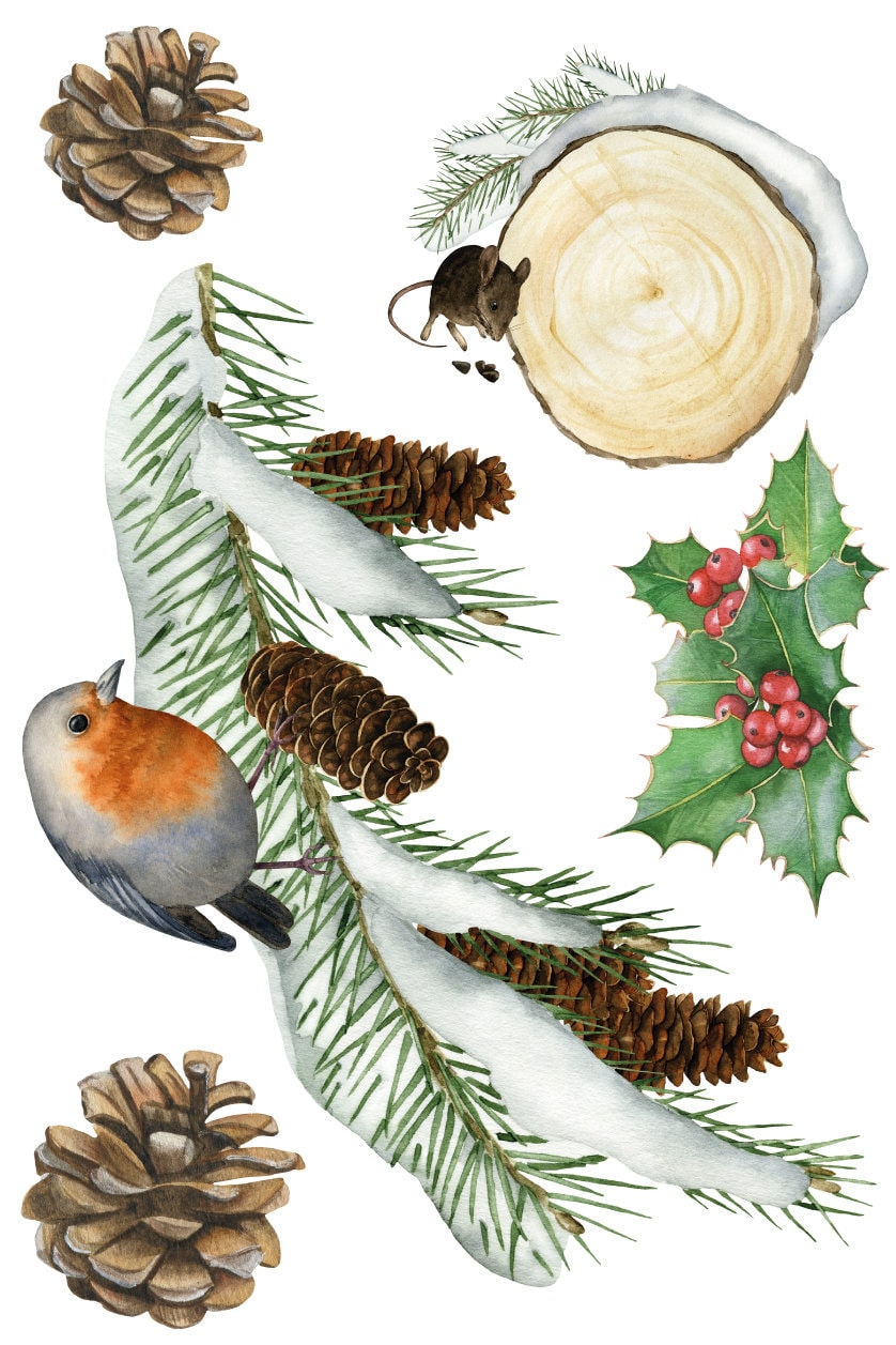 Watercolour Robin Mouse Holly Pinecones Christmas Window Stickers Xmas Decorations Christmas Decor