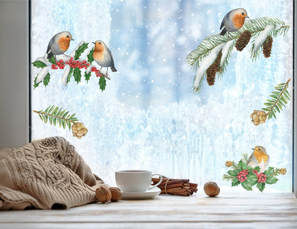 Watercolour Robins On Branches Christmas Window Decals Snow Xmas Decorations Christmas Decor Window