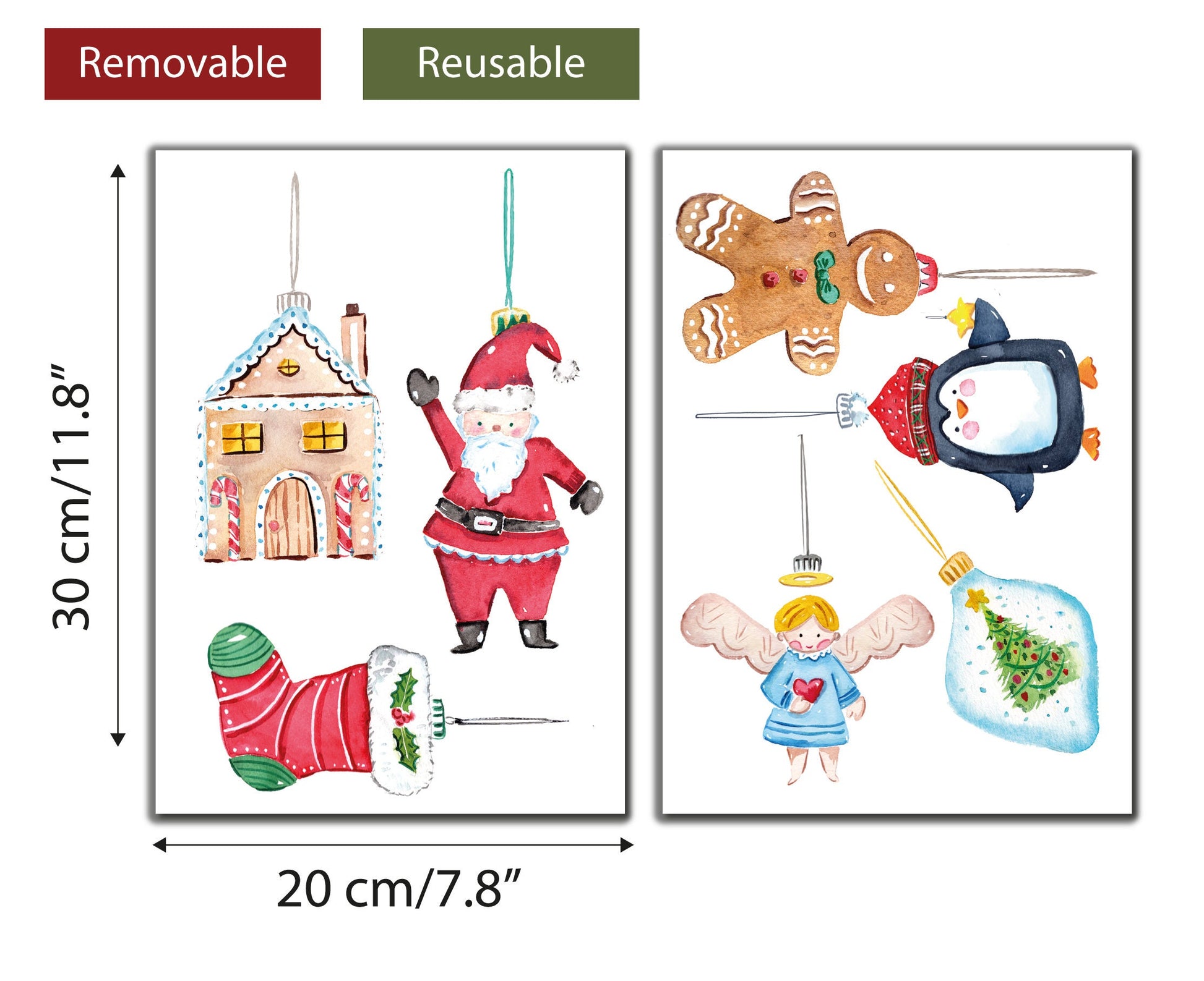 Hanging Watercolour Christmas Window Stickers, Christmas Decorations, Holiday Decor, Santa, Penguin, Gingerbread Man, Angel
