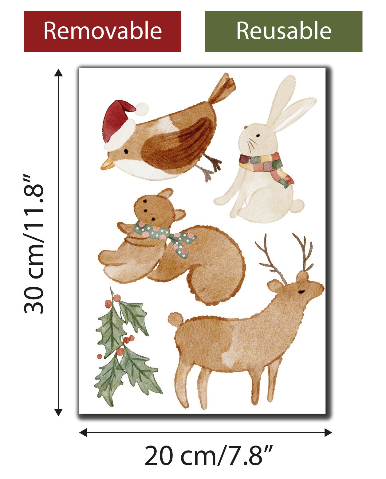 Cute Hand Drawn Animals Set Christmas Window Stickers Robin Reindeer Squirrel Rabbit Holly Xmas Decals